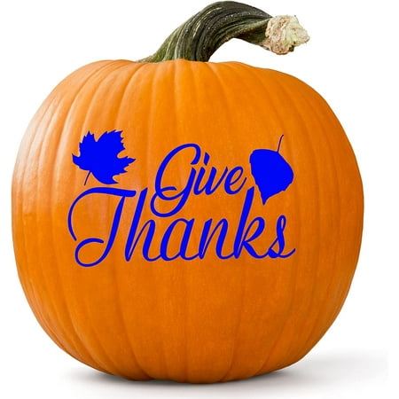 VWAQ Give Thanks Pumpkin Decal Stickers Front Porch Holiday Fall Thanksgiving Home Curb Appeal Decoration Sign Decor - 4.5"H X 7.25"W BLUE