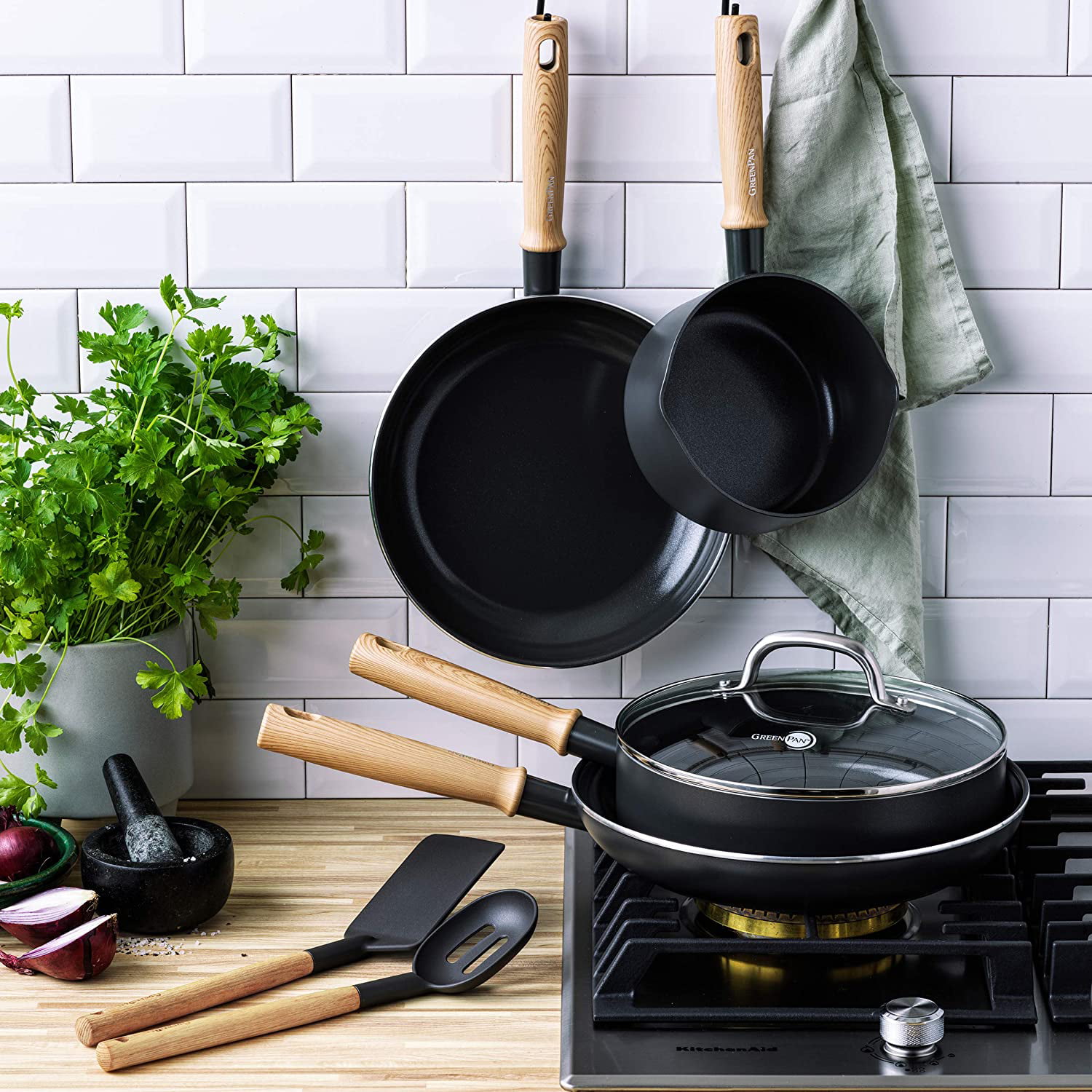 Green Pan greenpan hudson healthy ceramic nonstick, 8 piece cookware pots  and pans set, wood inspired