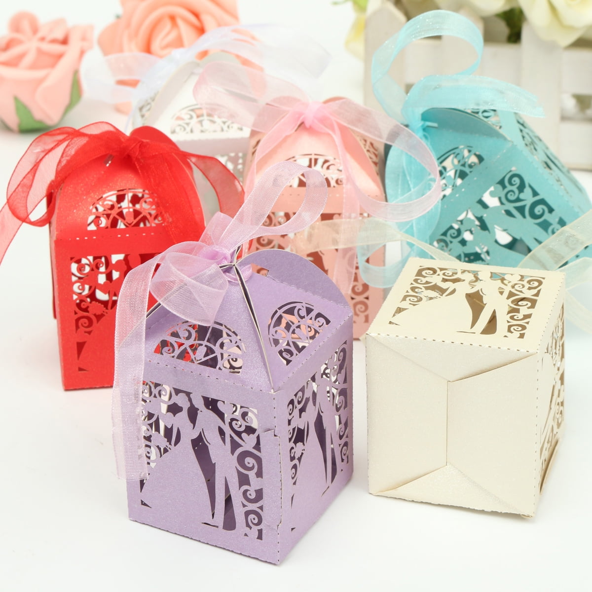 12Pcs LaserCut Paper Ribbon Sweets Candy Boxes Wedding Party Favors 