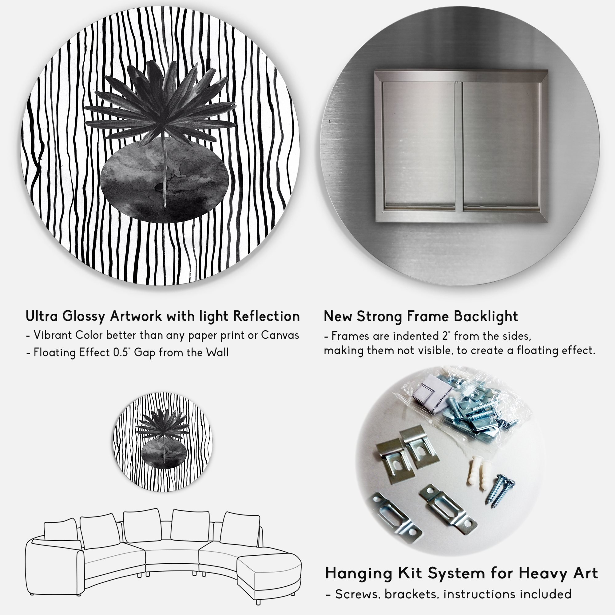 Designart 'Black and White Striped Under Tropical Leaf I' Modern Circle Metal Wall Art 36x36 - Disc of 36