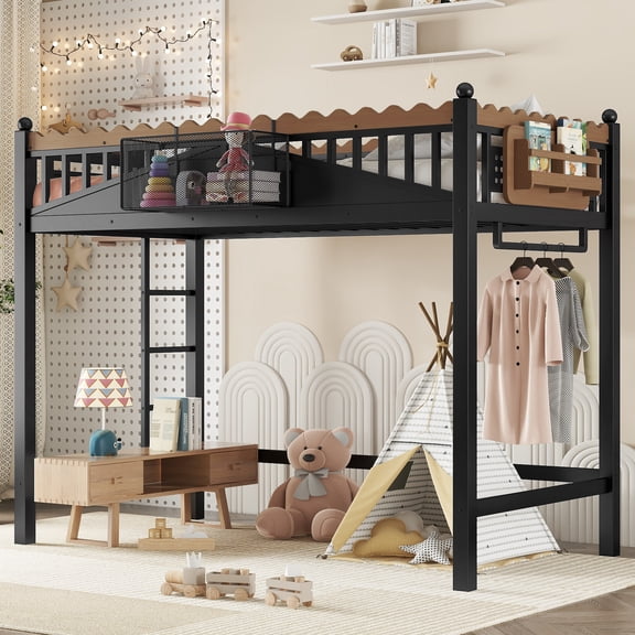 Mintazer Twin XL Size Metal Loft Bed with Ladder & Storage Shelves, Kids Loft Bed with Guardrail & Bookshelf, Black