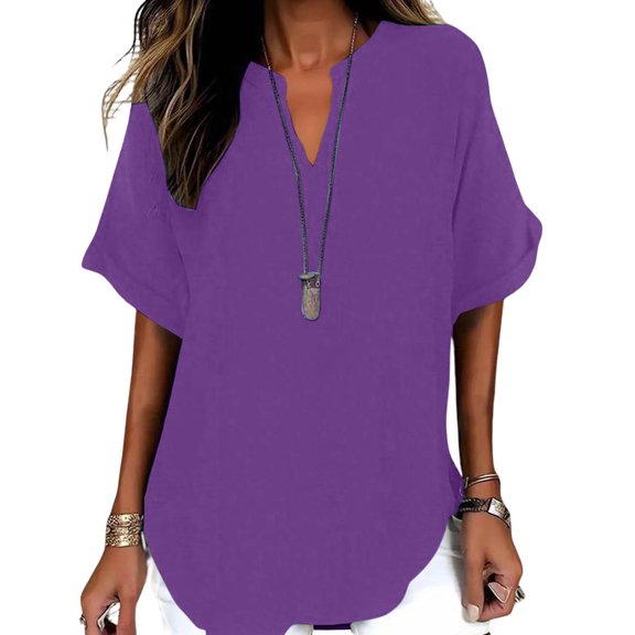Aezemi Women V Neck Flowy Shirts Tunic Fashion Short Sleeve Outdoor Lightweight Tunics Tops Summer Beach Vacation Comfy Casual Curved Hem Tees XL