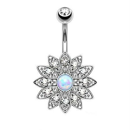 - BodyJ4You Belly Button Ring Crystal Clear Jeweled Opal Flower Piercing Jewelry 14G