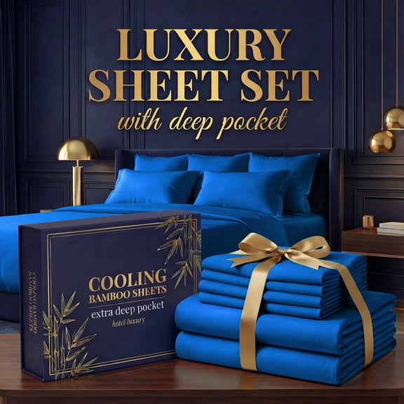 Cooling Solid Color 3/4-Piece Bed Sheet Set, Soft Skin-Friendly Bamboo Blend Bedding Kit (Blue, Twin)