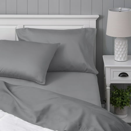 WelHome 100% Cotton Percale 4-Piece Queen Size Deep Pocket Bed Sheets Set, 1 Fitted, 1 Flat Sheet with 2 Pillowcases, Ultra Light, Breathable & Super Soft Sheets, Gray