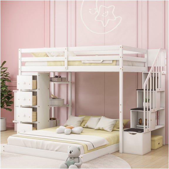 JERFIT White Twin over Full Bunk Bed with Storage Drawers, Shelves, and Staircase, Space Saving Design for Bedroom