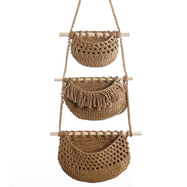 CSChome Storage Basket Fruit Hanging Basket Hollow Design Breathable Handmade Three layer Decorative Rope Woven Basket for Vegetables and Fruits