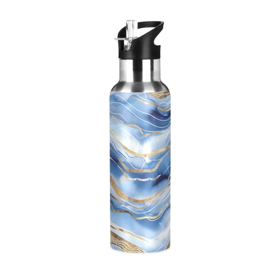 ALAZA Blue Gold Marble Water Bottle Insulated Flask Stainless Steel Straw Lid 20 oz