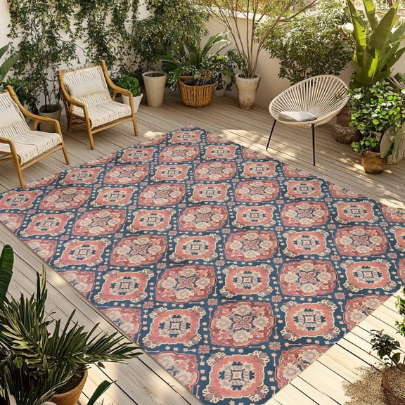 Fsddascl Red Blue Geometric Outdoor Rug for Patio/Deck/Porch, Non-Slip Large Area Rug 6 x 9 Ft, Southwest Ethnic Country Indoor Outdoor Rugs Washable Area Rugs, Reversible Camping Rug Carpet Runner