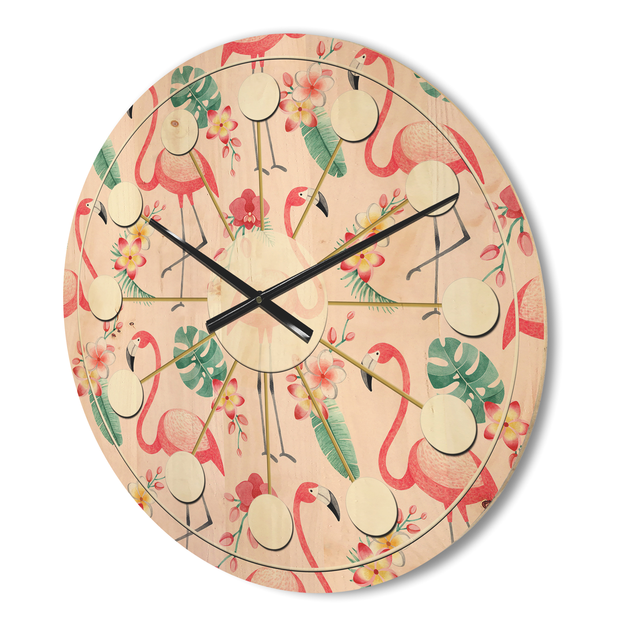 Designart 'Tropical Botanicals, Flamingo and Flowers II' Mid-Century Modern Wood Wall Clock