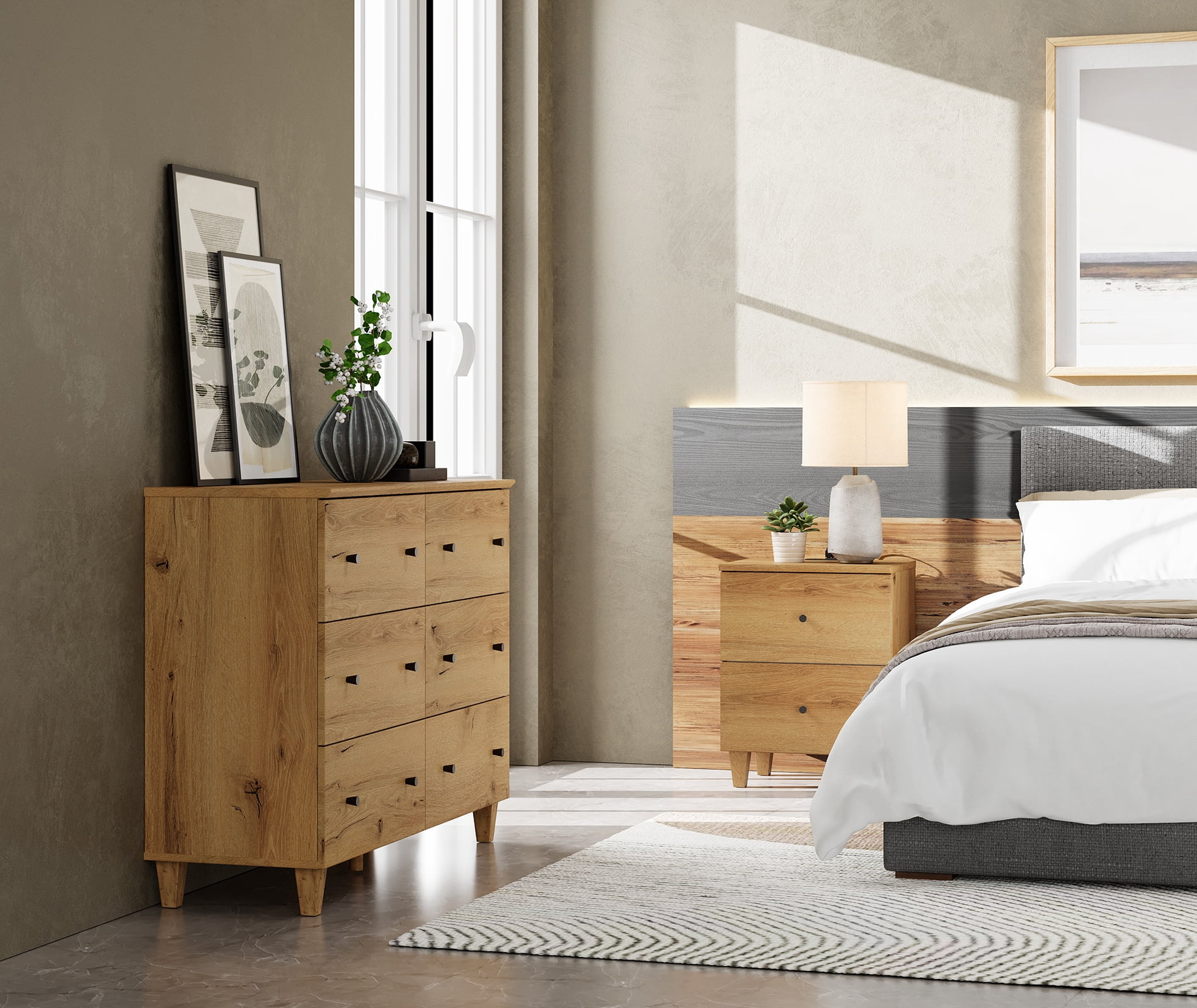 WAMPAT Dresser and Nightstand Set of 2, Wood Dresser with 6 Drawers, Nightstand with Charging Stations for Living Room, Dark Brown Wood
