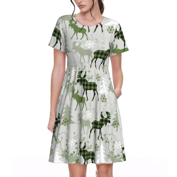 Balery green plaid Moose tree Vestidos sueltos de manga corta para mujer, vestidos de verano 2025, vestidos casuales de corte A con vuelo.