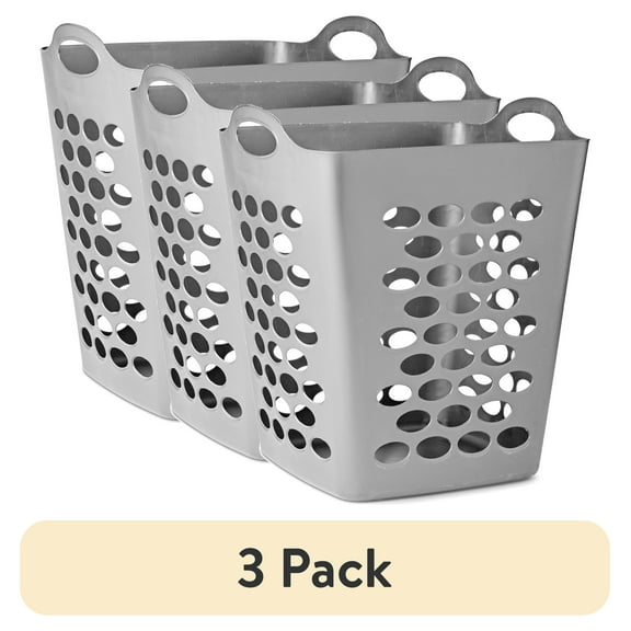 (3 pack) Mainstays Flexible Square Laundry Hamper, Soft Silver, Adult