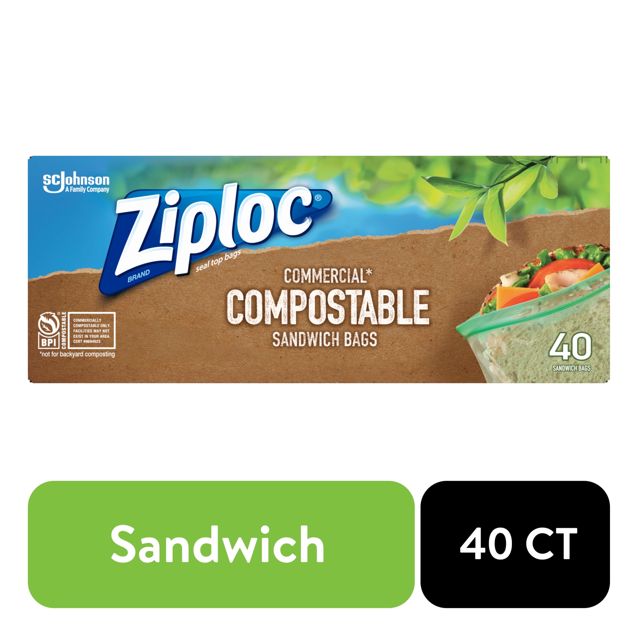 (12 pack) Ziploc® Compostable Sandwich Bags, Food Storage Zipper Bags, 40 Count