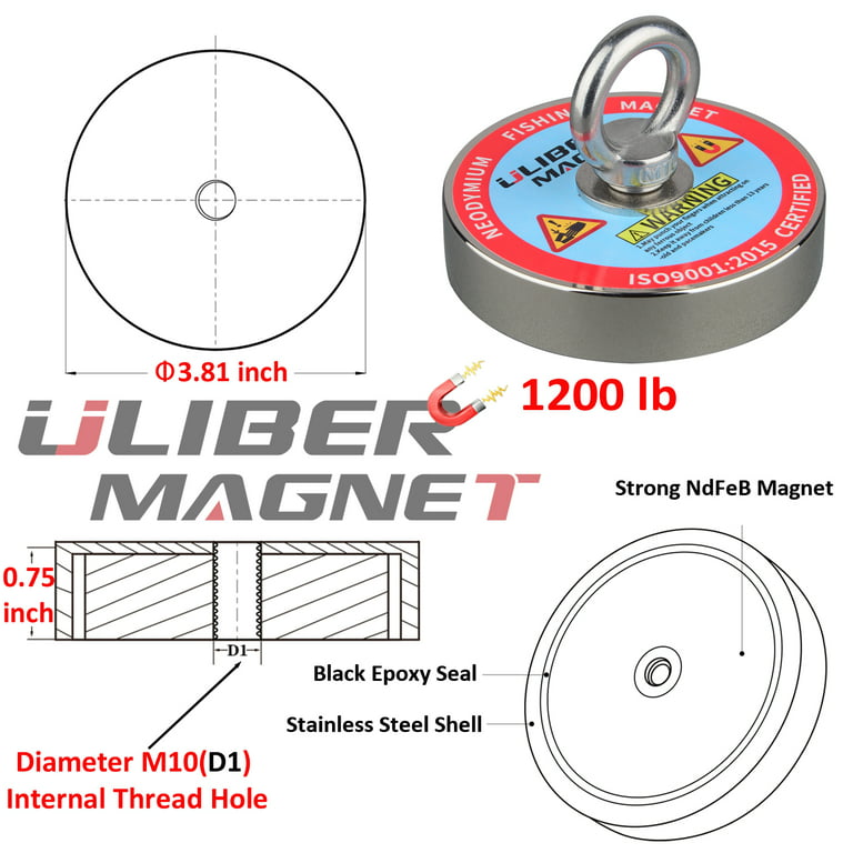 ULIBERMAGNET Magnet Fishing Kit 1200lb Dia.3.81in, Strong Neodymium Magnet N52 with 20 Meters Durable Rope, Heavy Duty Magnetic of Retrieving Treasure