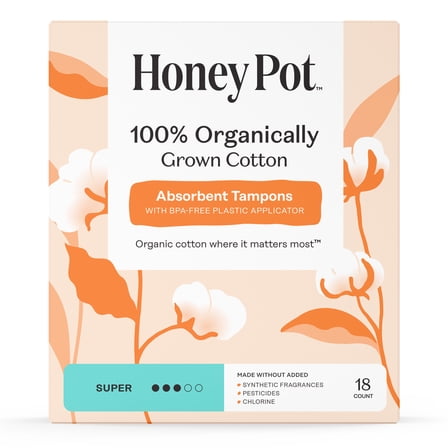 Honey Pot 100% Organic Cotton Core Super Tampons, 18 Count