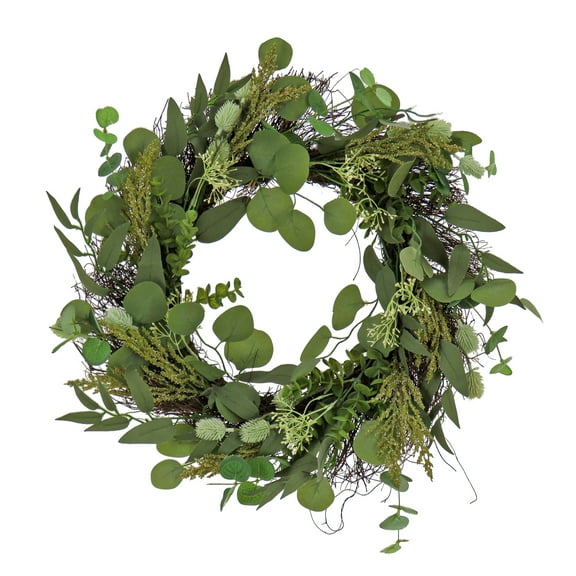 National Tree Company 22 inch Artificial Spring Wreath with Eucalyptus Leaves, Baby's Breath, Flowing Green Stems, Realistic Decoration for Front Door or Indoor Décor