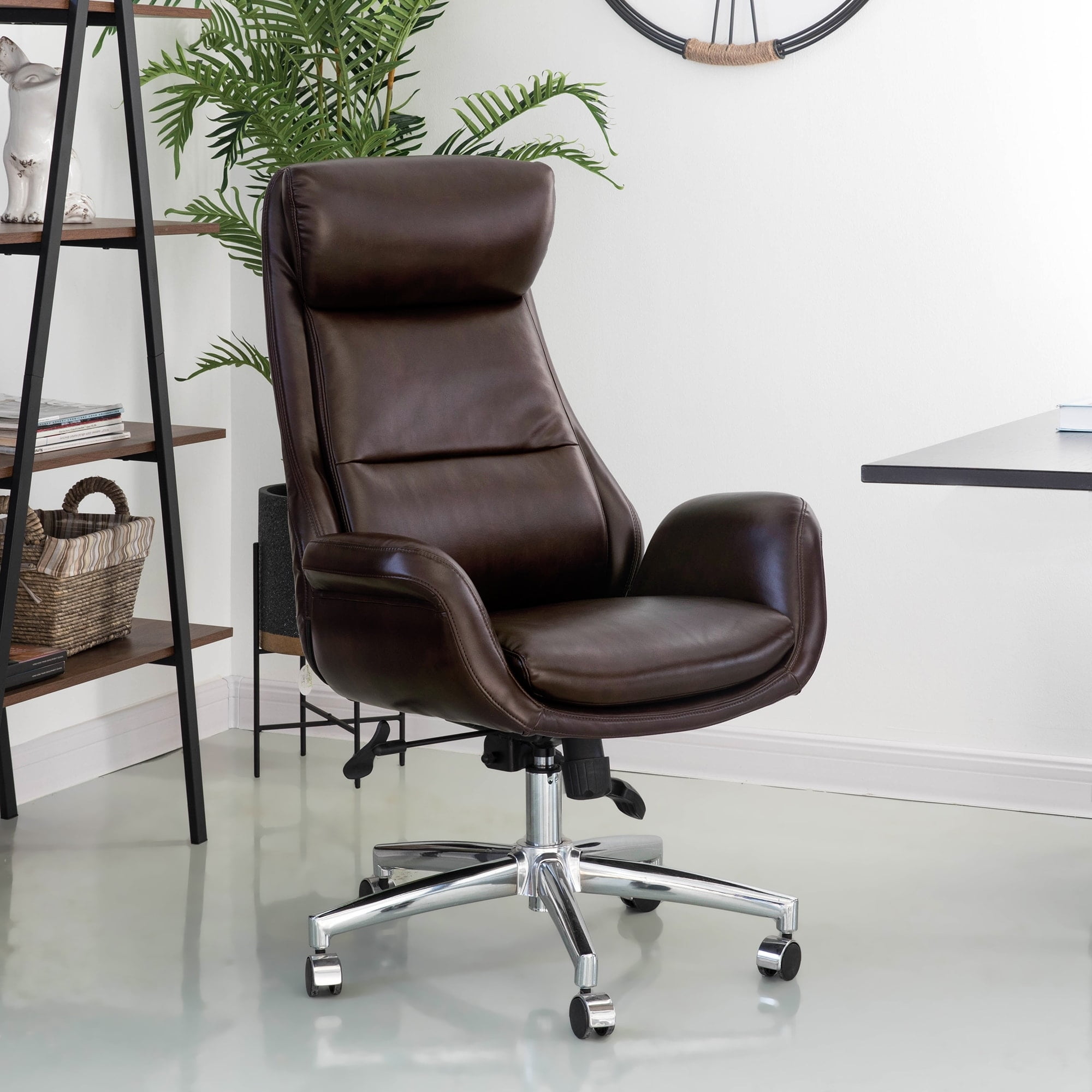 Glitzhome 48inch Midcentury Adjustable Faux Leather Office Chair Coffee