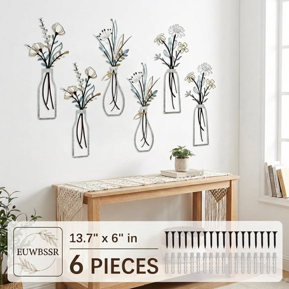EUWBSSR 6Pcs Metal Flower Wall Art Beautiful Metal Vase Wall Decor Decorative Vase Art for Living Room Bathroom Bedroom Dining Room,13.77*5.9in