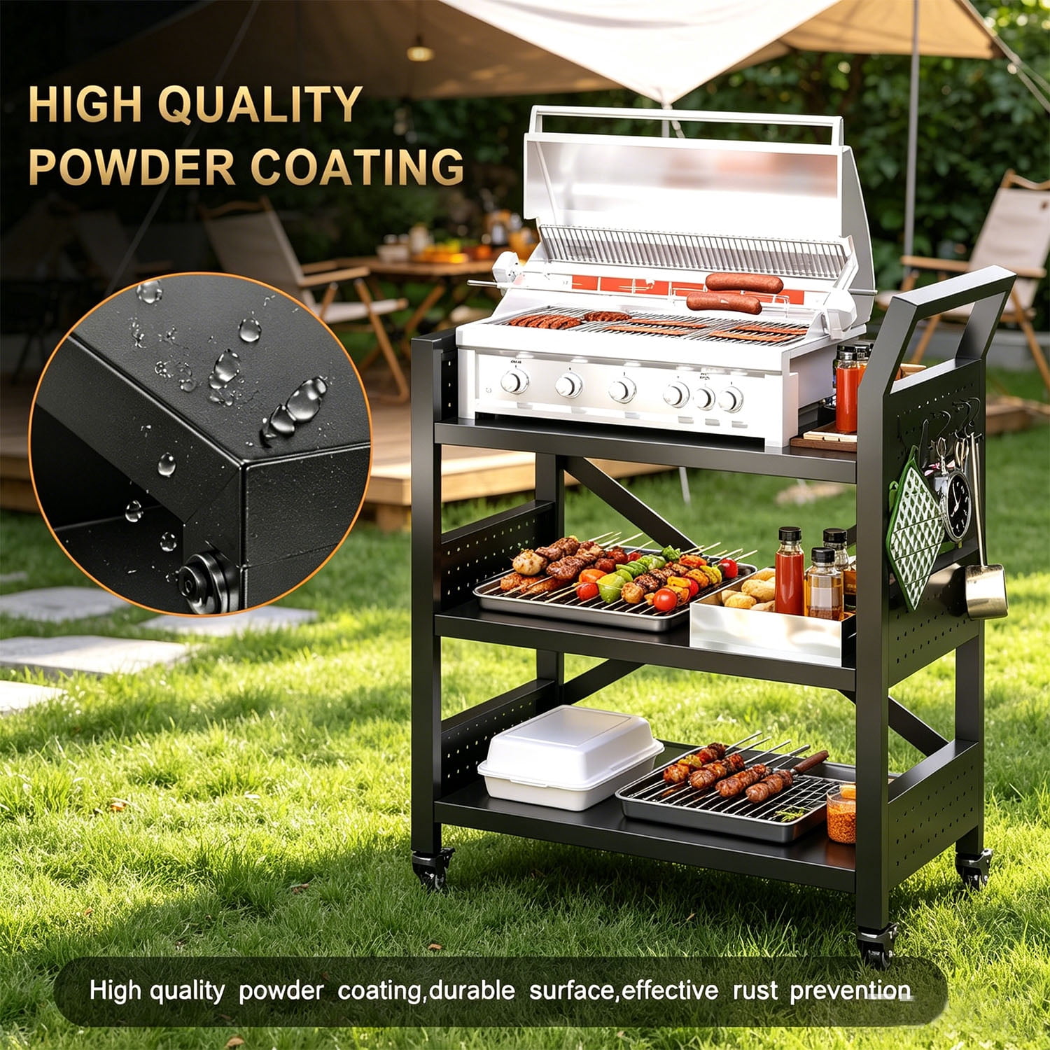 Heavy-Duty Grill Cart with 3-Tier Storage and Pegboard for BBQ