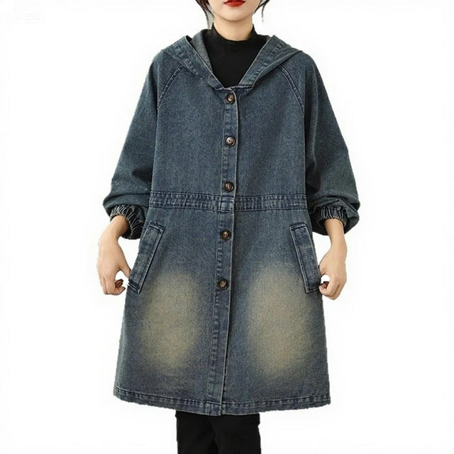 Womens Denim Jackets Pocket Hooded Breasted Mid Length Trench Coat