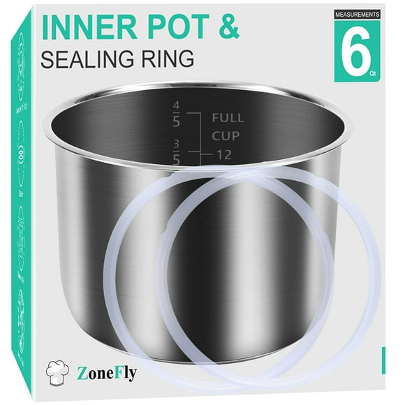 Inner Pot + paquete de 2 anillos de sellado de silicona para olla instantánea de 6 cuartos de galón