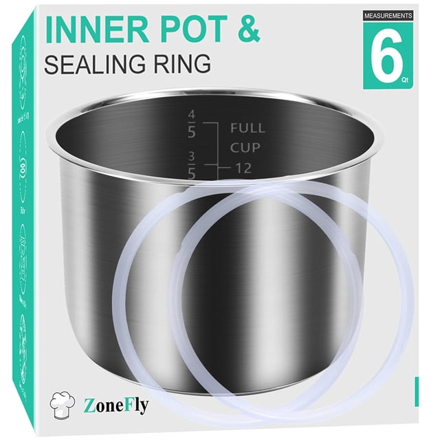 Inner Pot + paquete de 2 anillos de sellado de silicona para olla instantánea de 6 cuartos de galón