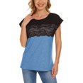 thumbnail image 2 of Pompotops T-shirt Décontracté pour Femmes Col Rond Uni Patchwork en Dentelle Manches Courtes Pull Blouse Tops, 2 of 6