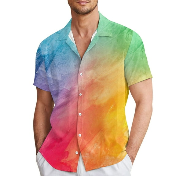 RUTAYY Men's Shirts Rainbow Print Short Sleeve Comfortable Breathable Turndown Collar Button Down Casual Daily Wear Travel Elegant Blouse