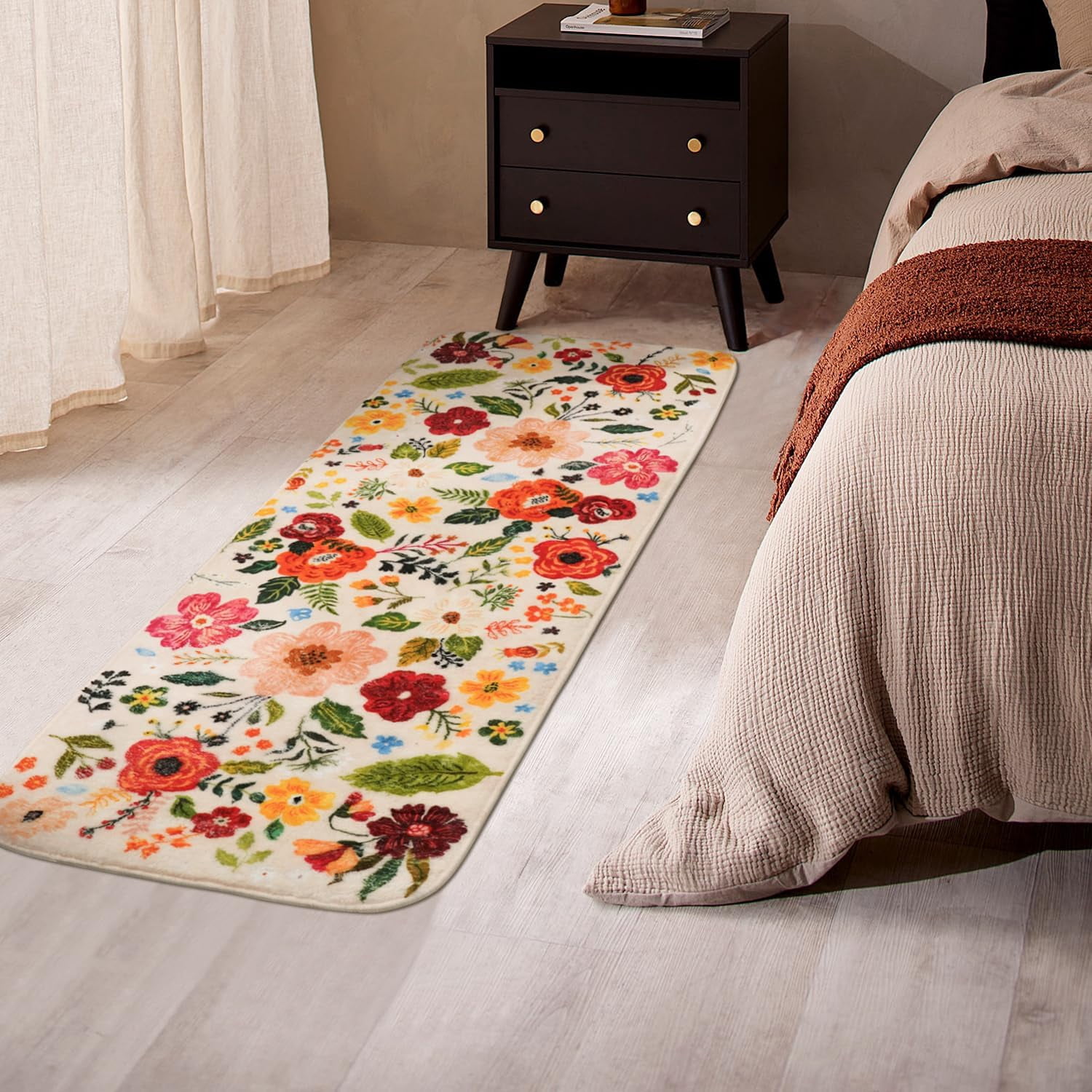 Floral Bathroom Rugs Large Long Bath Mat, Washable Bathroom Runner Rug Non Slip, Cute Flower Rug for Bathtub Floor
