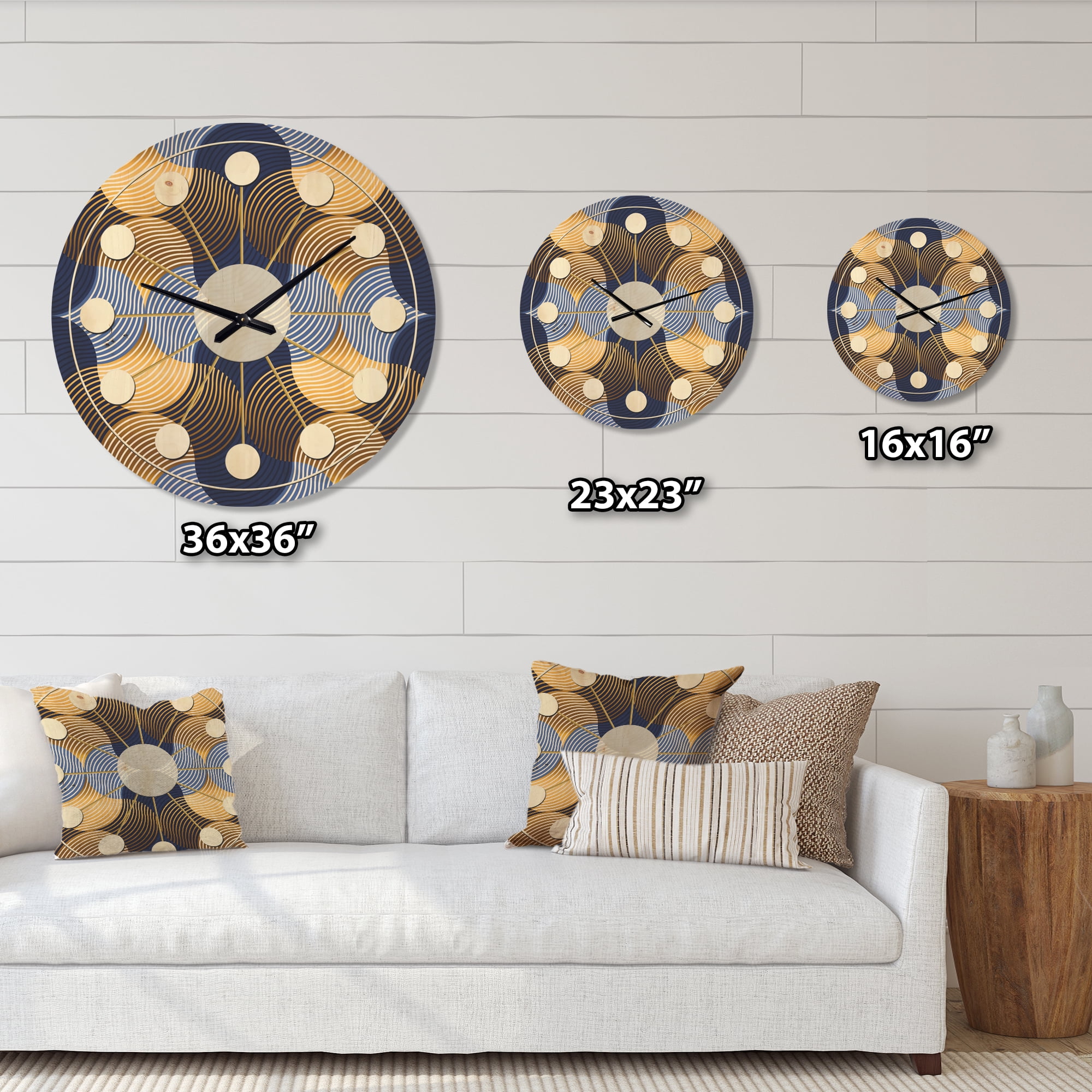 Designart 'Retro Luxury Waves In Blue and Gold II' Mid-Century Modern Wood Wall Clock