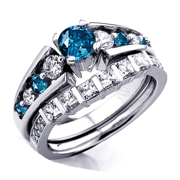 Dazzlingrock Collection 1.55 Carat (ctw) 14K White And Blue Diamond Bridal Engagement Set 1 1/2 CT, White Gold, Size 4