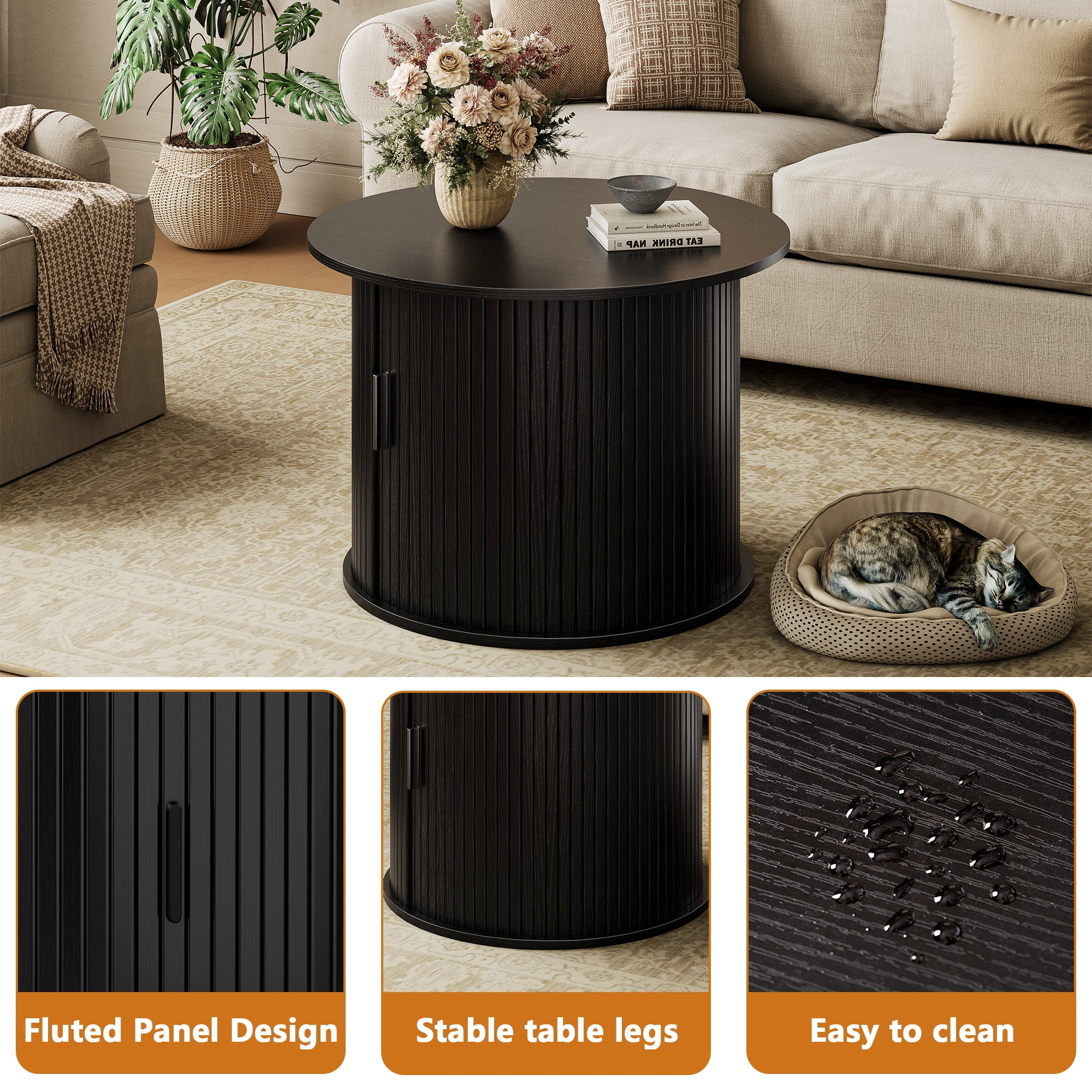 GUNAITO Round Small Coffee Table with Storage, Modern Farmhouse Center Table with Shelf Wood Table for Living Room, Black
