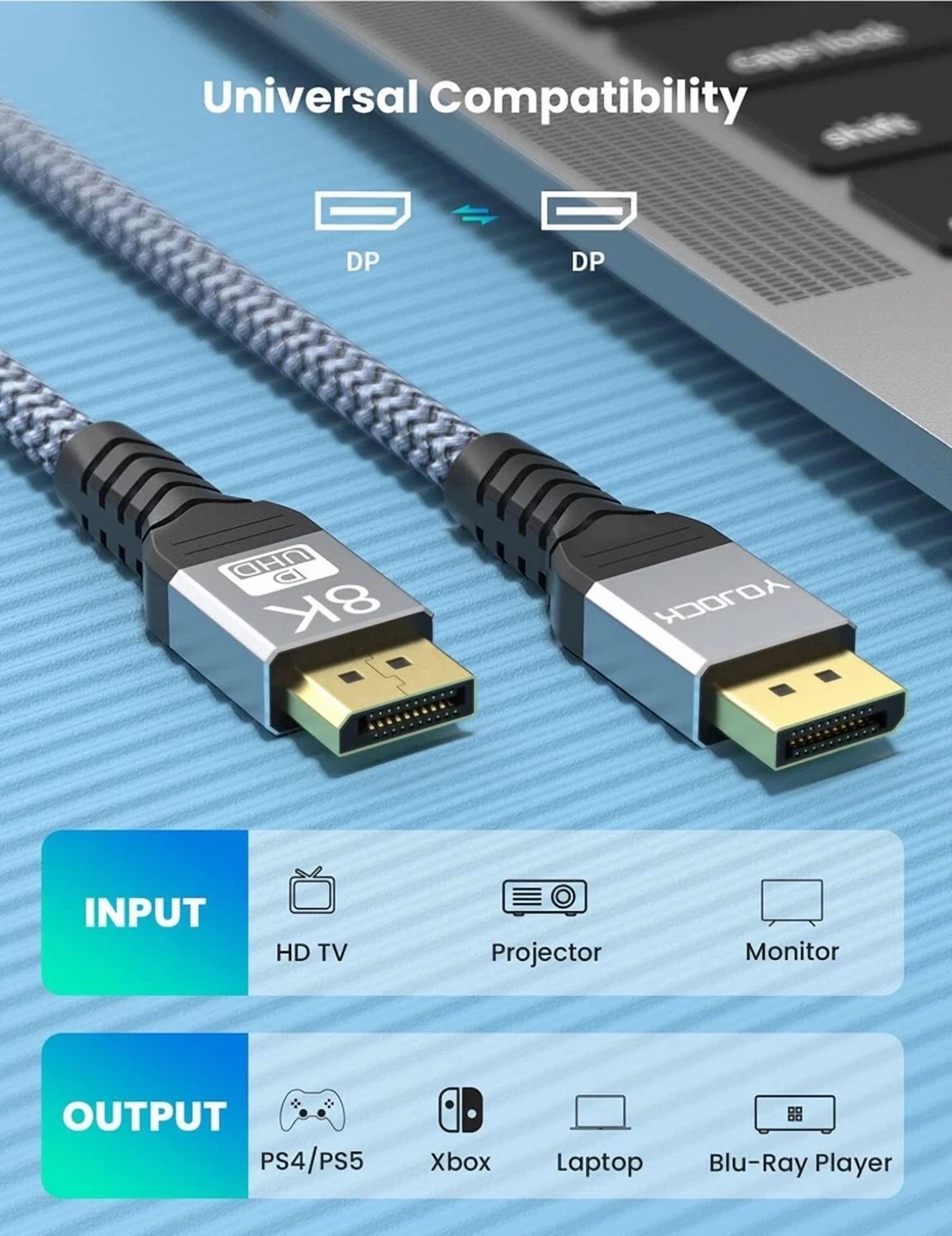 BUTTERFLY- Uhd 8K Displayport 10Ft Cable 8K@60Hz, 4K@144Hz32.4Gbps, Hdr, Hbr3 Dp To Dp Cord