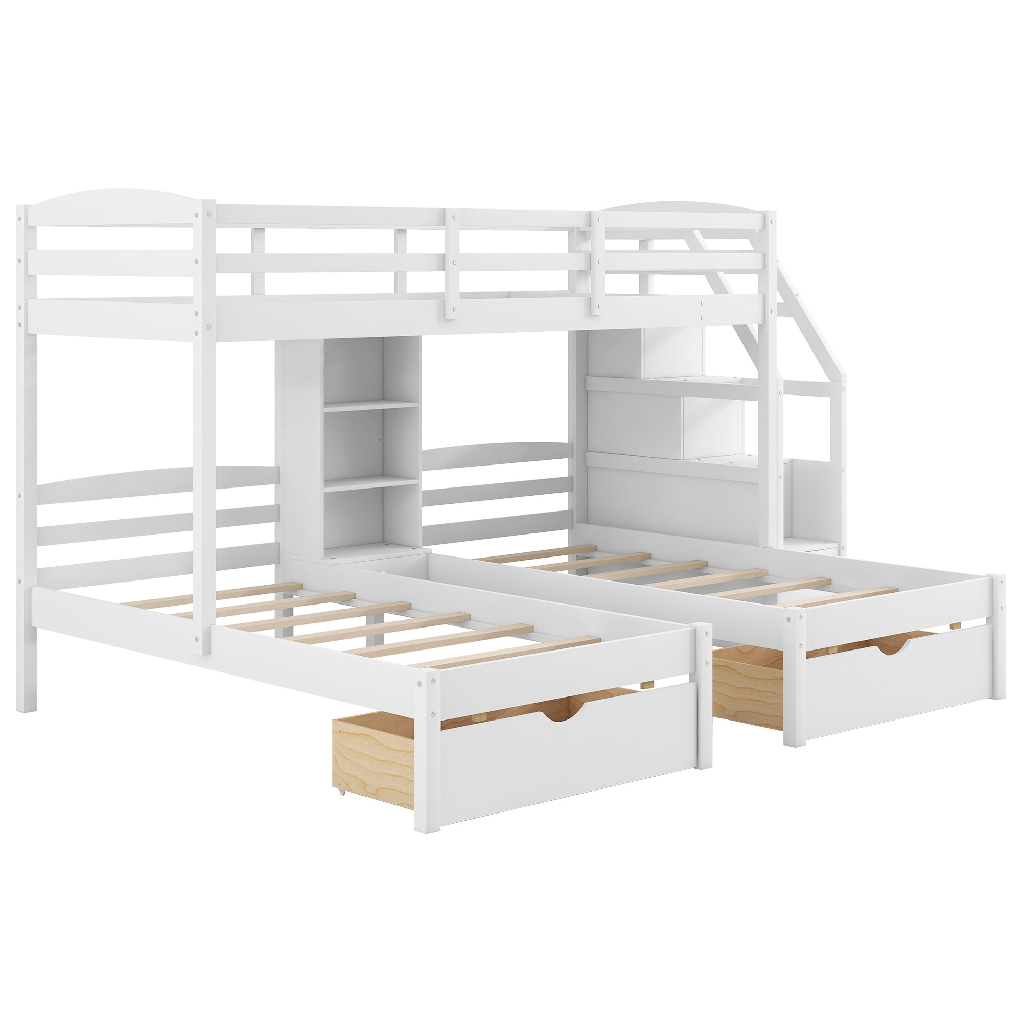 Euroco Twin over 2 Twin Bunk Bed with Staircase, 3 Beds in 1 Bunk with Drawers and Shelves, White