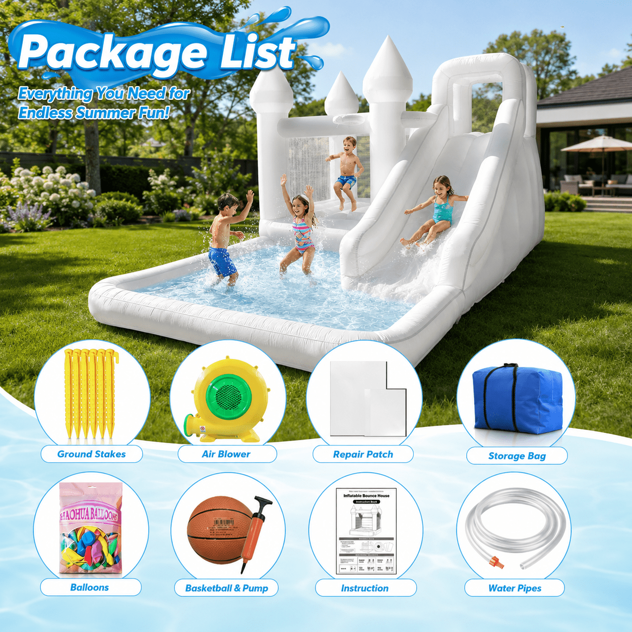 14ft Inflatable Water Slide & Bounce House with Ball Pit and Blower, White Oxford Outdoor Playhouse for Kids