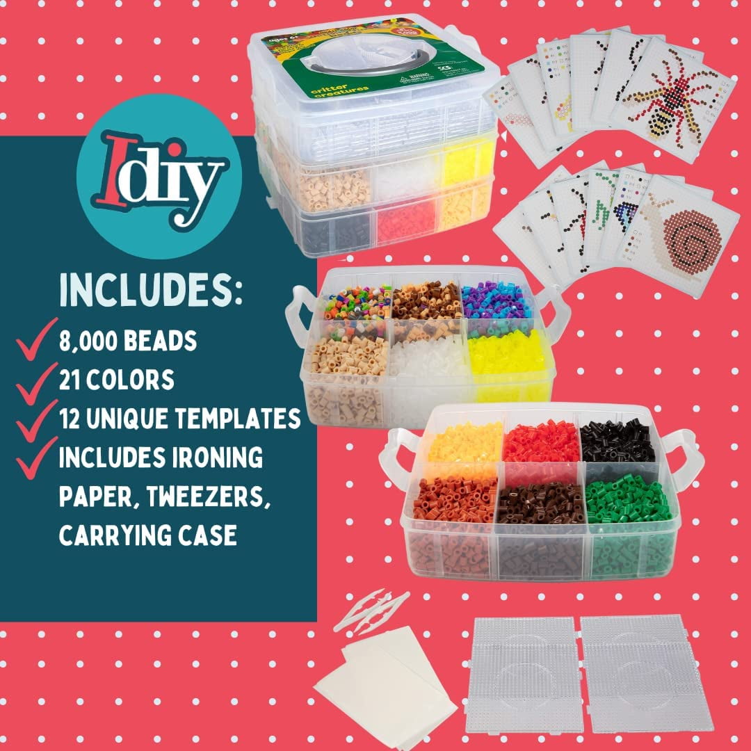 8,000pc DIY Fuse Bead Kit w Carrying Case - Bugs and Insects - 21 Colors, 12 Unique Templates, 4 Peg Boards, Tweezers, Ironing Paper - Works w Perler Beads Kits, Pixel Art Color by Numbers Craft Gift