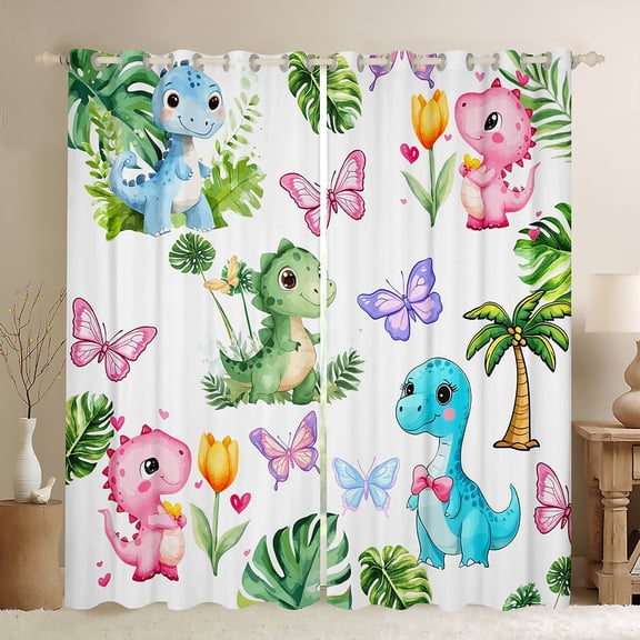 Castle Fairy Kawaii Dinosaur Black Out Curtains for Children Kids Boys,Flying Butterflies Curtains Pack Of 2 (42X63 Each),Cartoon Dino Bedroom Curtains,Microfiber Bedroom Decor