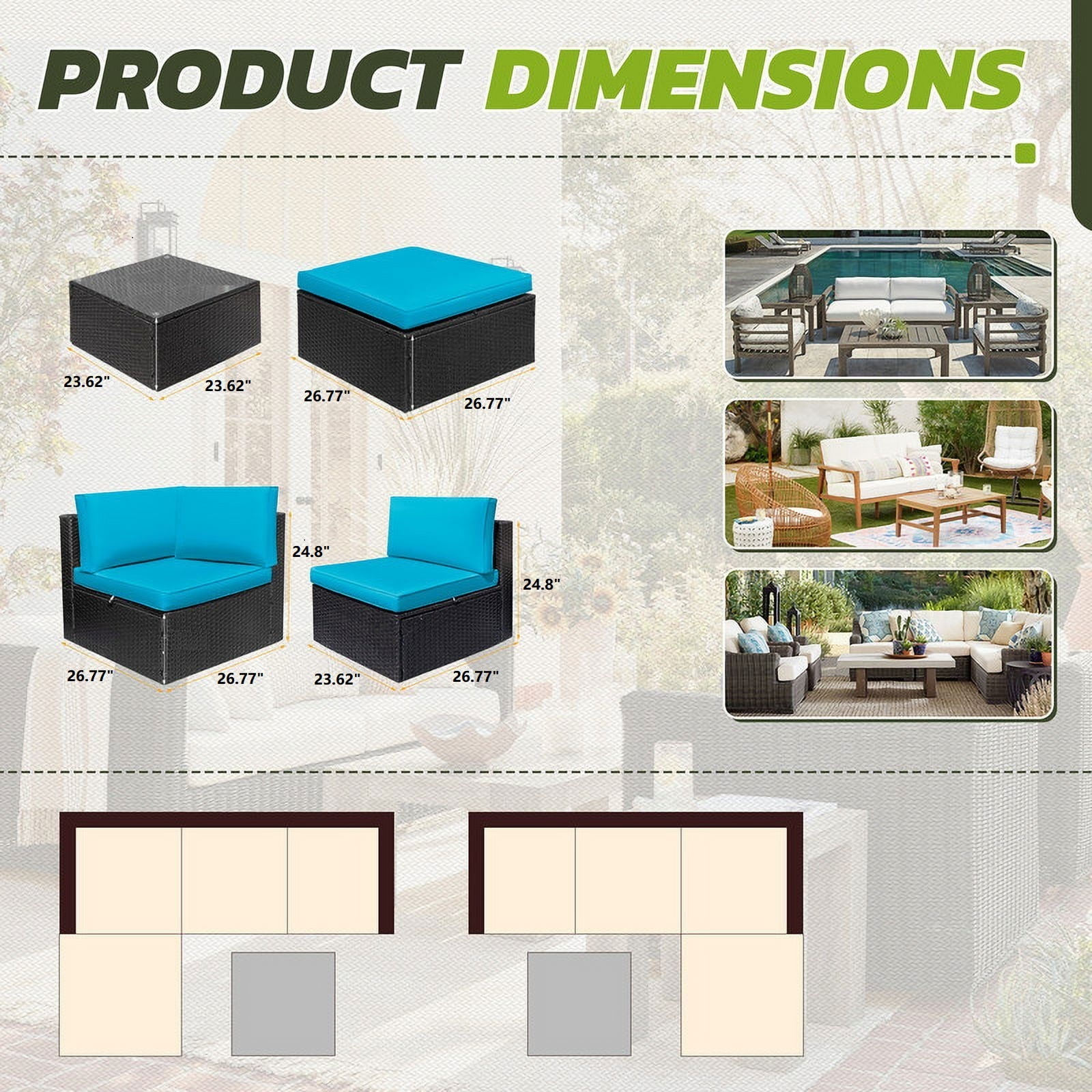 Homall 5-Piece PE Rattan Outdoor Sectional Sets with Tea Table and Ottoman, Blue