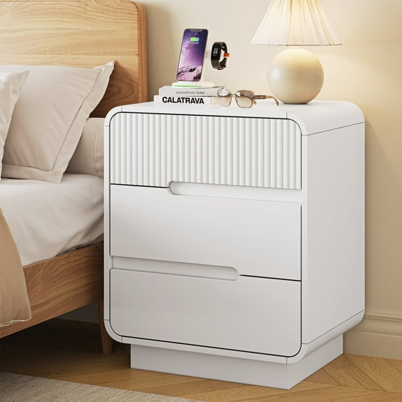 3 Drawer Dresser with Charging Station,Small Chests of Drawers for Adult,Nightstand Wood Storage Cabinet for Living Room,Bedroom,Hallway,White
