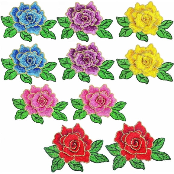 10pcs 3D Rose Embroidered Patches Roseflower Sew On/Iron On Patch Applique Flower Embroidery Appliques Embellishments for DIY Jeans Jackets Bags Clothes Sewing Crafts, 5 Colors