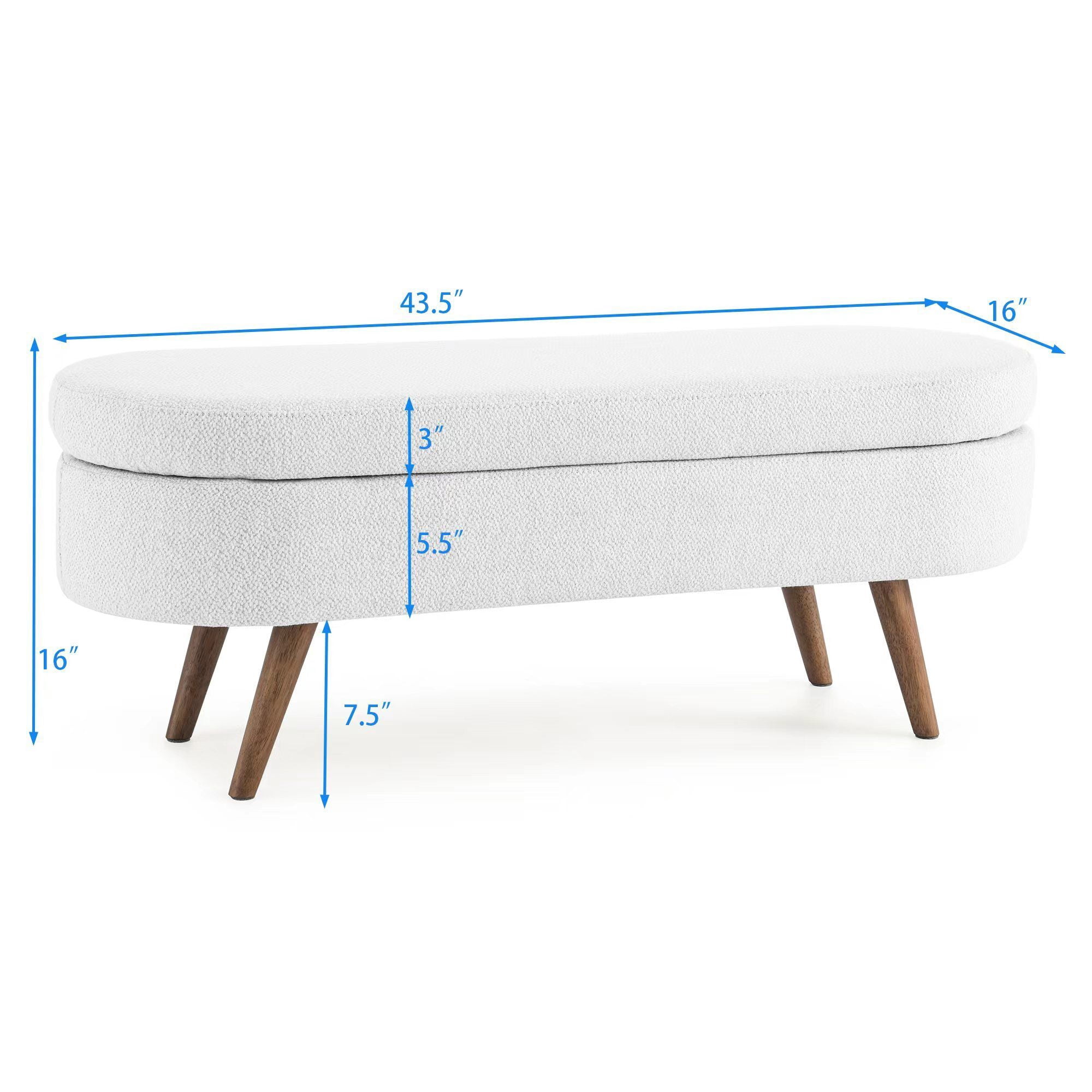 DEALTOPS 3D Linen Fabric Ottoman, Oval Storage Bench with Storage Space and Rubber Wood Legs, White