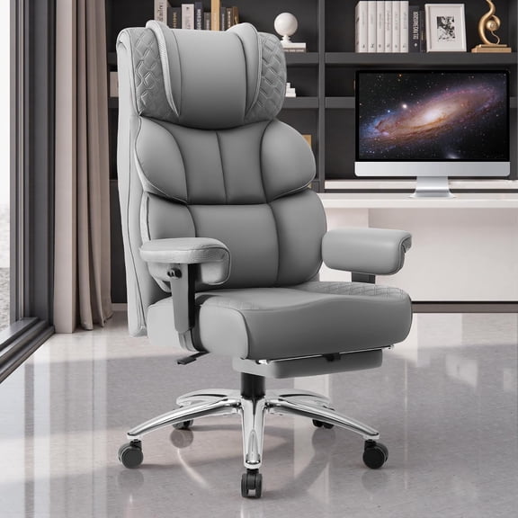 Office Desk Chair, Big and Tall Leather Gaming Chair with Footrest, Wide Ergonomic Executive High-Back Reclining Computer Chairs, Swivel Rolling Wheels and Padded Lumbar Support, Gray