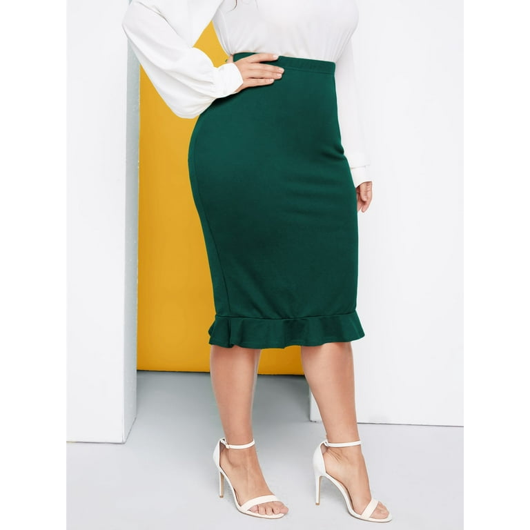 Green pencil skirt with ruffle cheap
