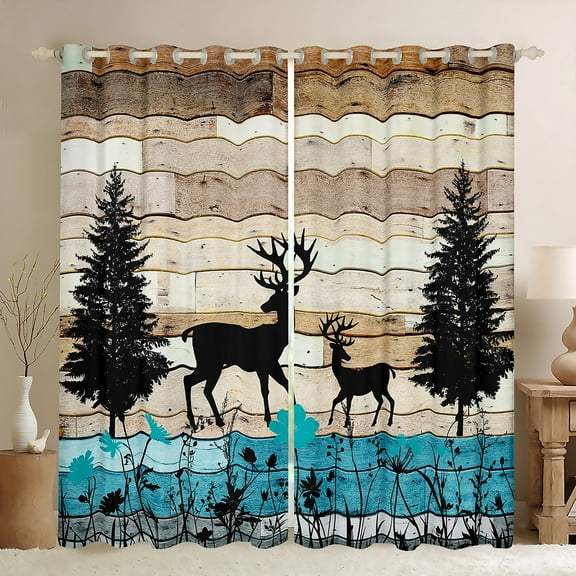 Homewish Safari Moose Deer Black Out Curtains,Rustic Farmhouse Cabin Curtains Pack of 2 (42x63 Each),Brown Black Blue Bedroom Curtains For Boys,Breathable Home Decor