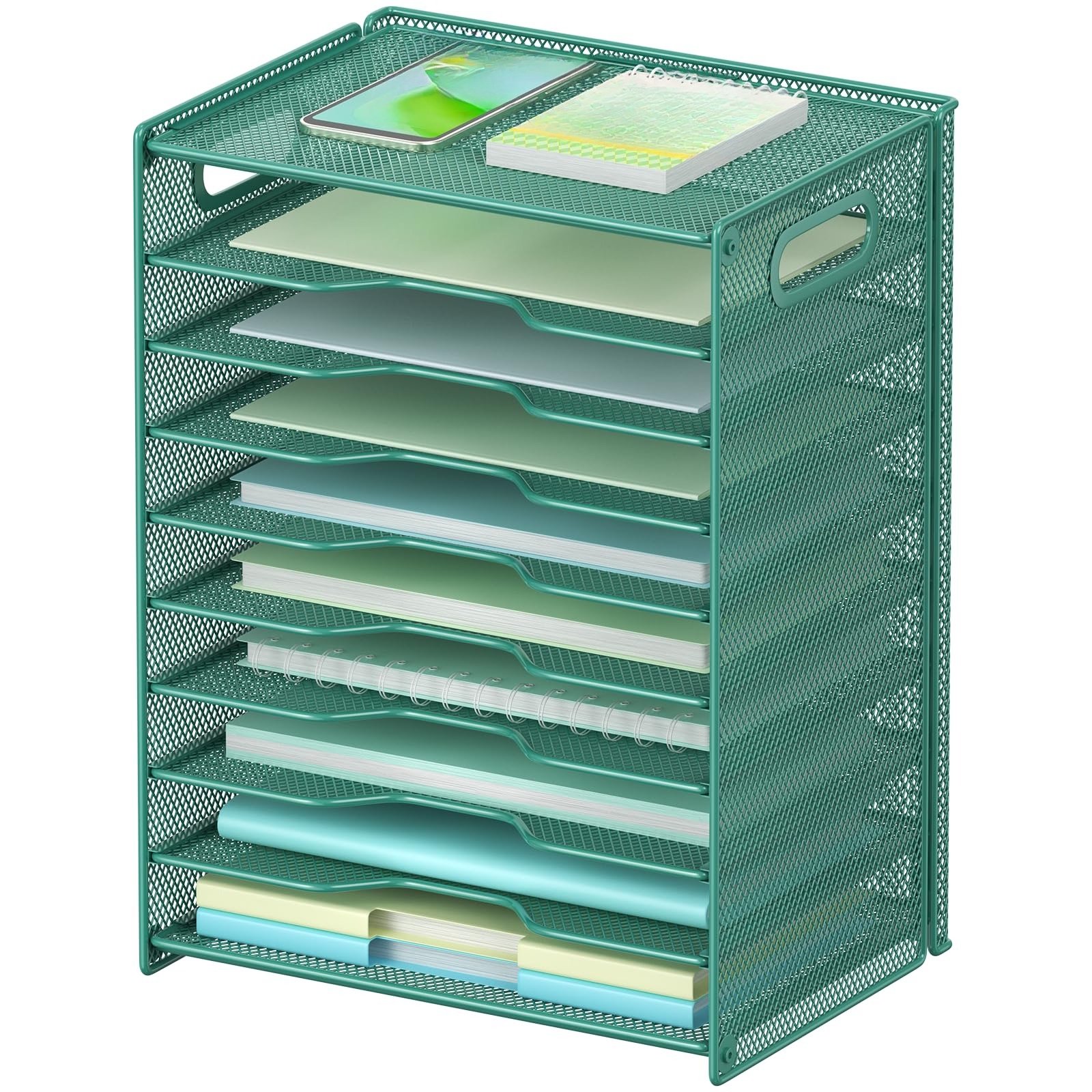 10 Tier Paper Organizer - Letter Tray Mesh Desk File Organizer with Handles for Office Desktop