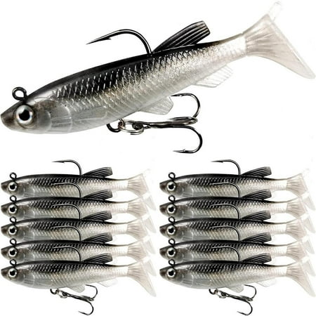 10Pcs Soft Fishing Lures Shad Minnow Swimbaits Pre-Rigged Jig Heads Paddle Tail Swim Baits for Bass Trout Walleye Crappie Sinking Jigs Bait for Saltwater Freshwate