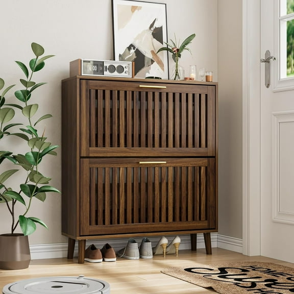 31.5-inch Shoe Cabinet with 2 Flip Drawers, Narrow Shoe Rack with Gold Handles, Free Standing Shoe Storage Cabinet for Entryway Slim, Wood Shoe Organizer Cabinet for Hallway, Bedroom, Walnut