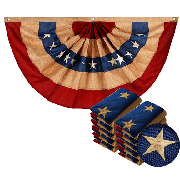 G128 10pk 2x4 ft USA Tea Stained Pleated Fan Flag Bunting Polyester 4th of July Patriotic Decoration