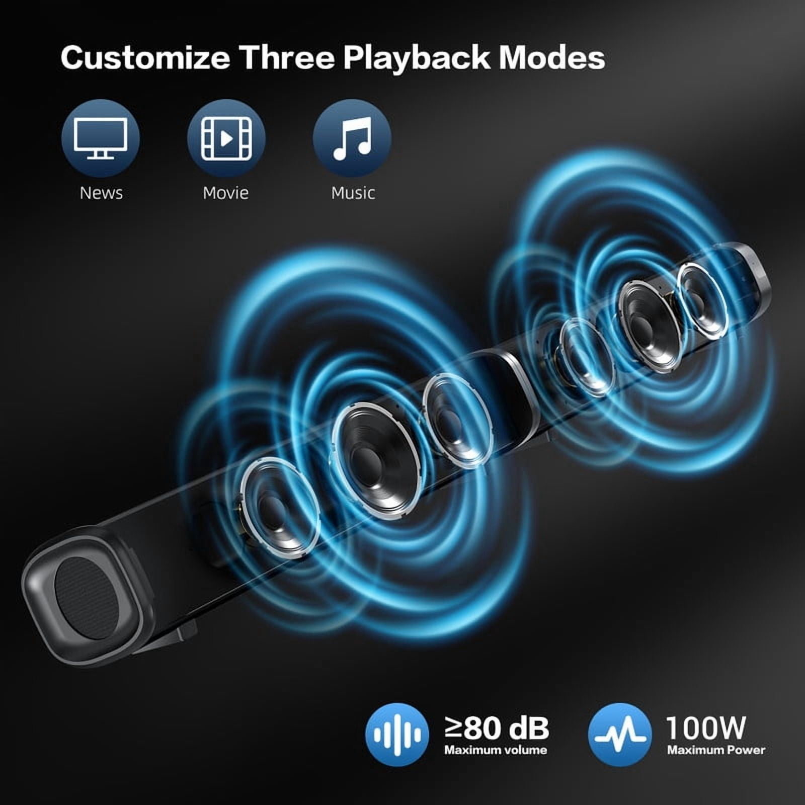TOPVISION 2.2CH Sound Bar for TV, 100W TV Sound Bar with Bluetooth 5.3/HDMI ARC/Optical/AUX/USB, 3 Equalizer Modes, Bass Effect, 2 in 1 Detachable Soundbar for TV/PC/Gaming/Projectors